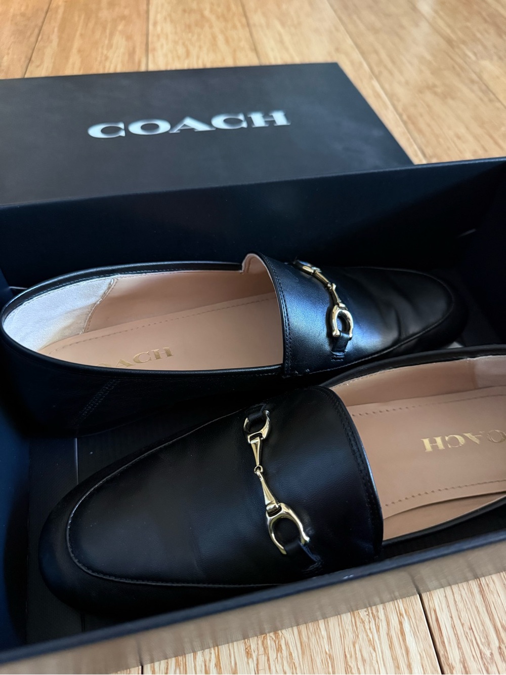 Coach Black Leather Loafers with Gold Bit Hardware